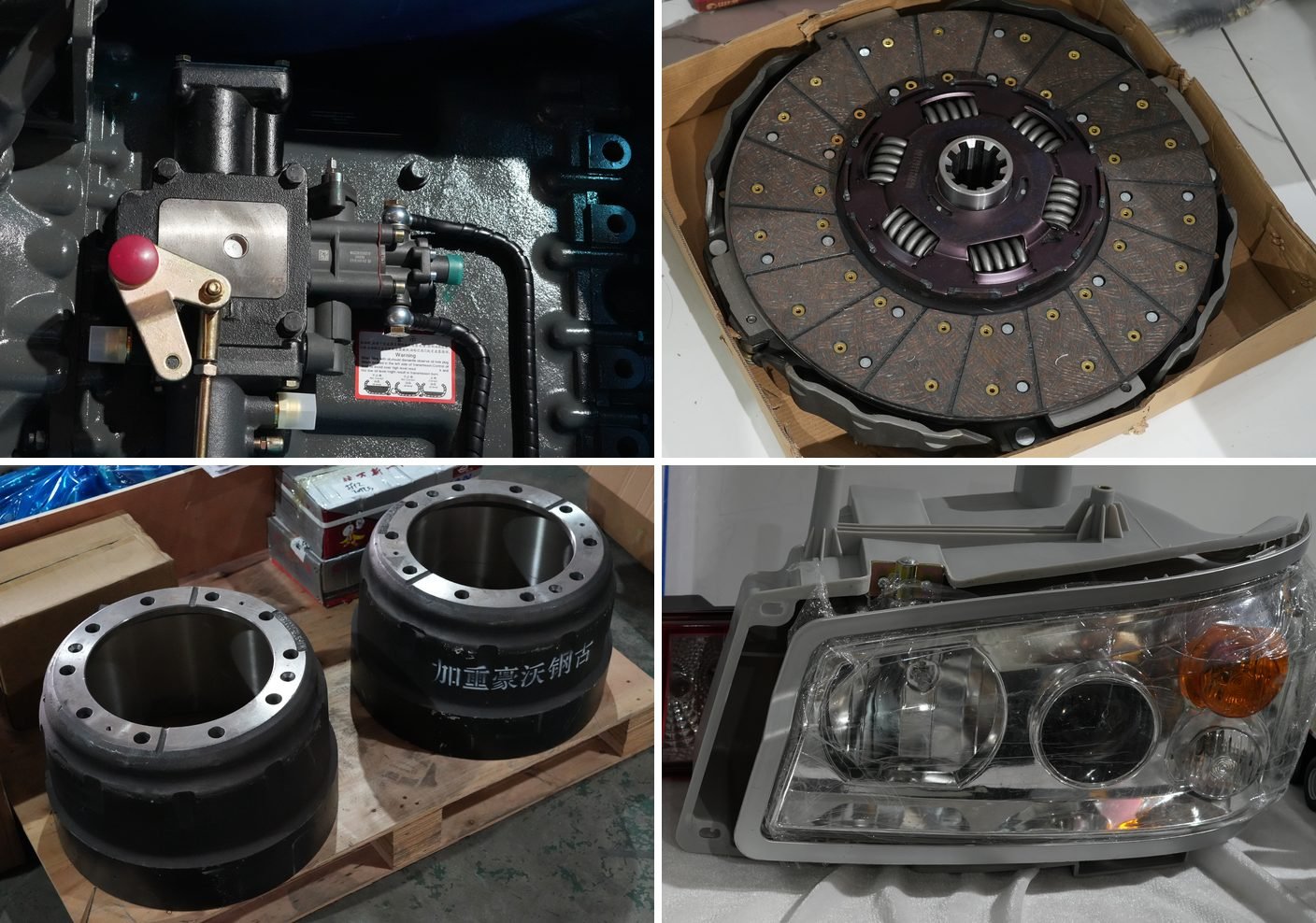 Pièces détachées : boîte de vitesses, disque d'embrayage, tambours de frein et phare de camion